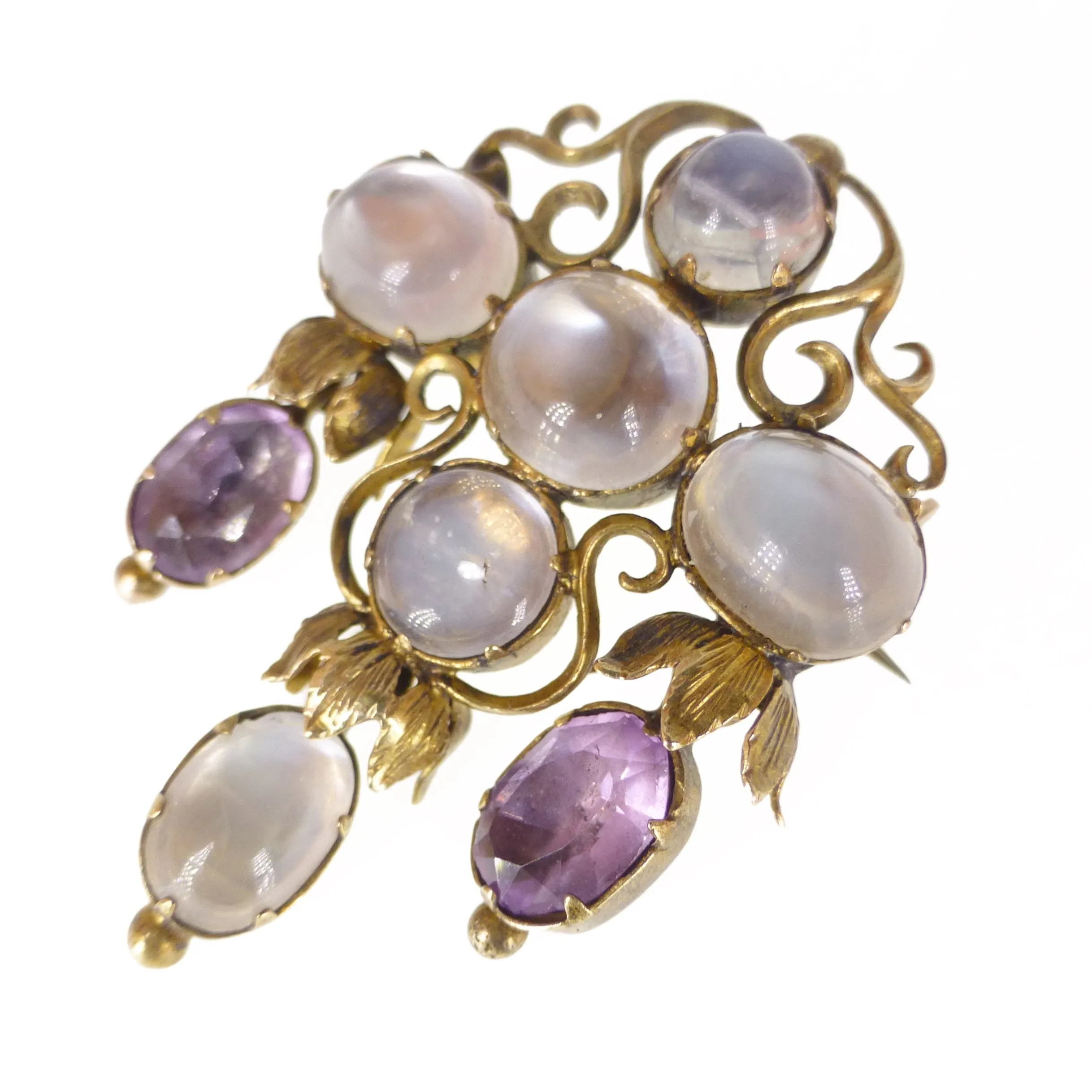 Antique Arts & Crafts Era Gold Moonstone & Amethyst Brooch