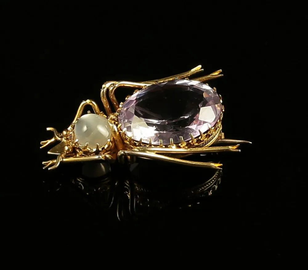 Antique Victorian Bug Brooch - Gold - Moonstone & Amethyst