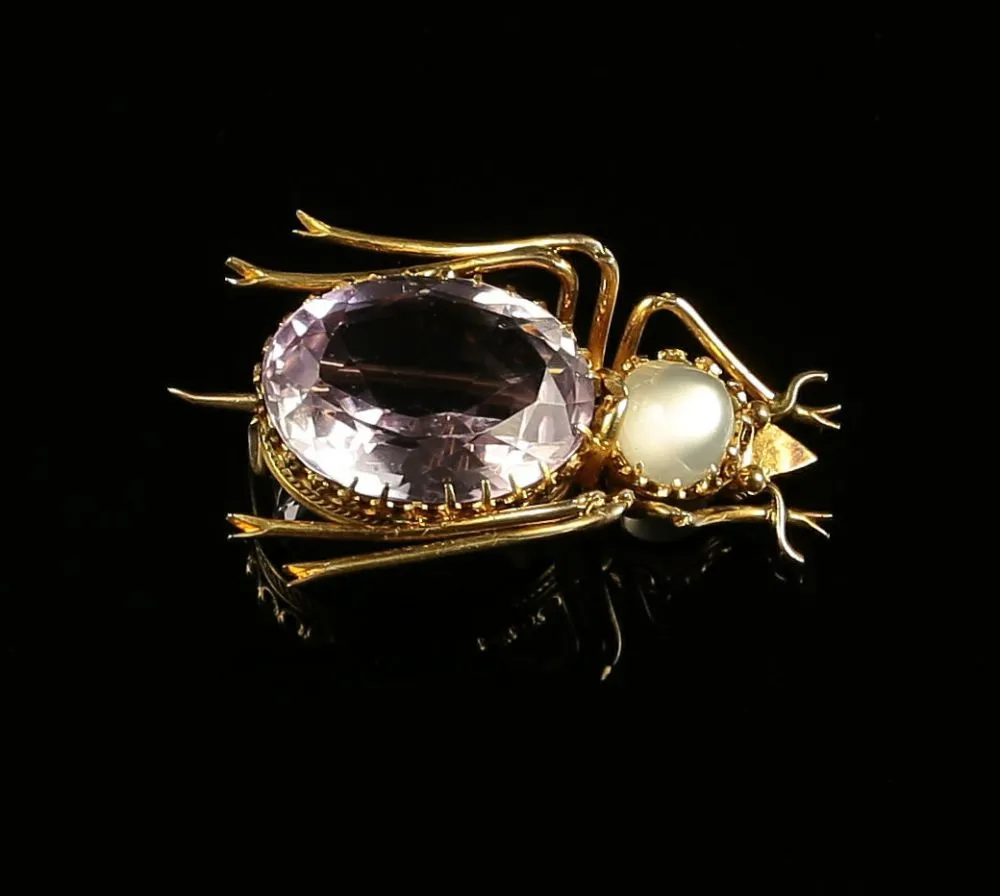 Antique Victorian Bug Brooch - Gold - Moonstone & Amethyst