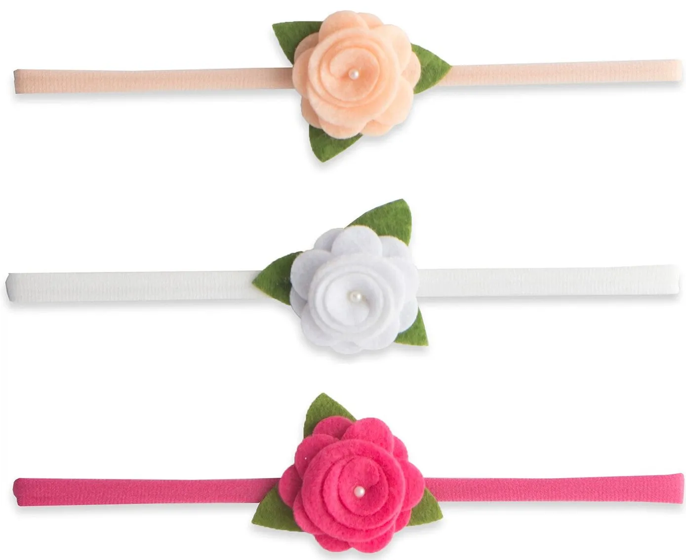 Baby Bling Felt Flower Skinny Bow Headband 3 Pack-Peach/White/Hot Pink