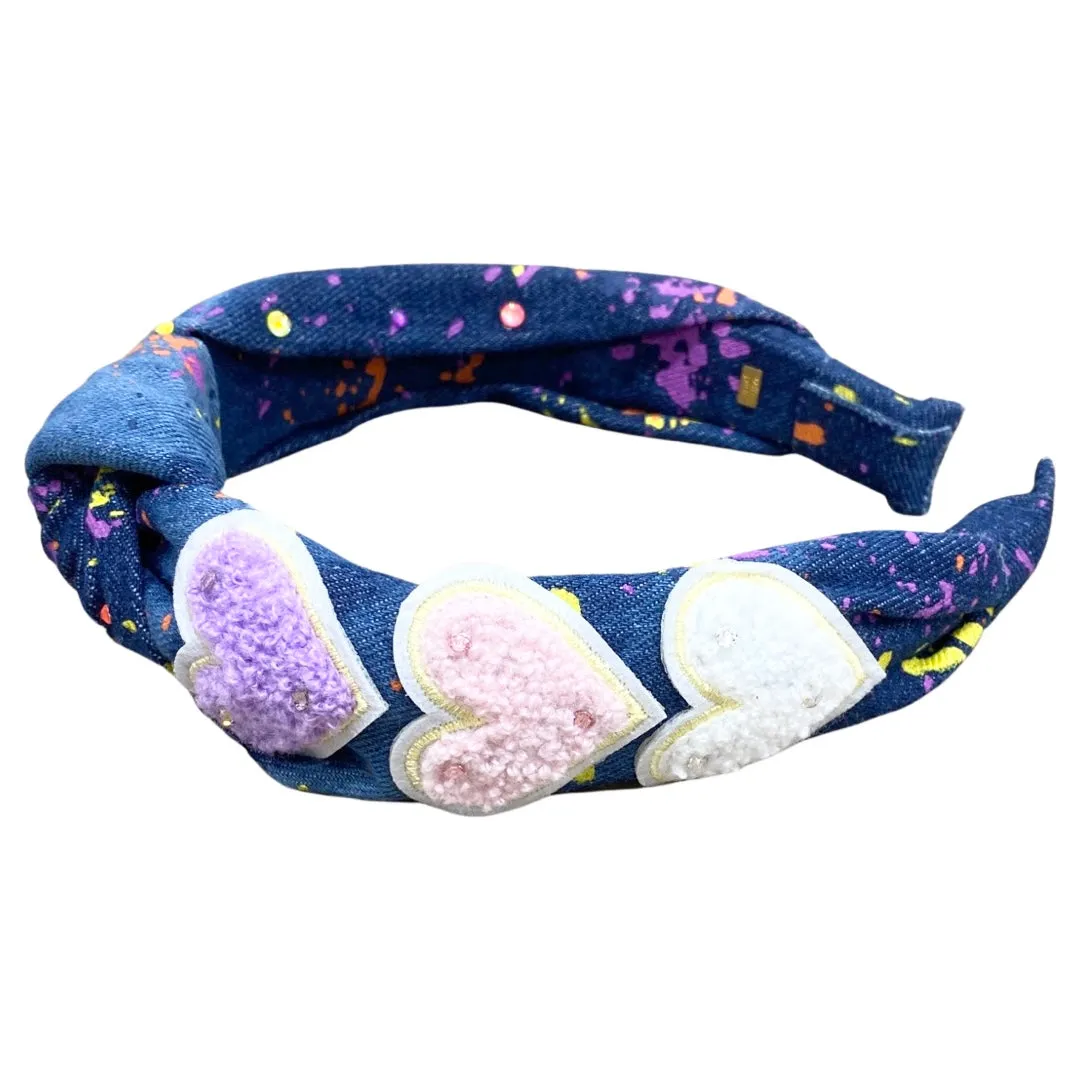 Bari Lynn Splatter Paint Denim Headband with Crystals - Hearts