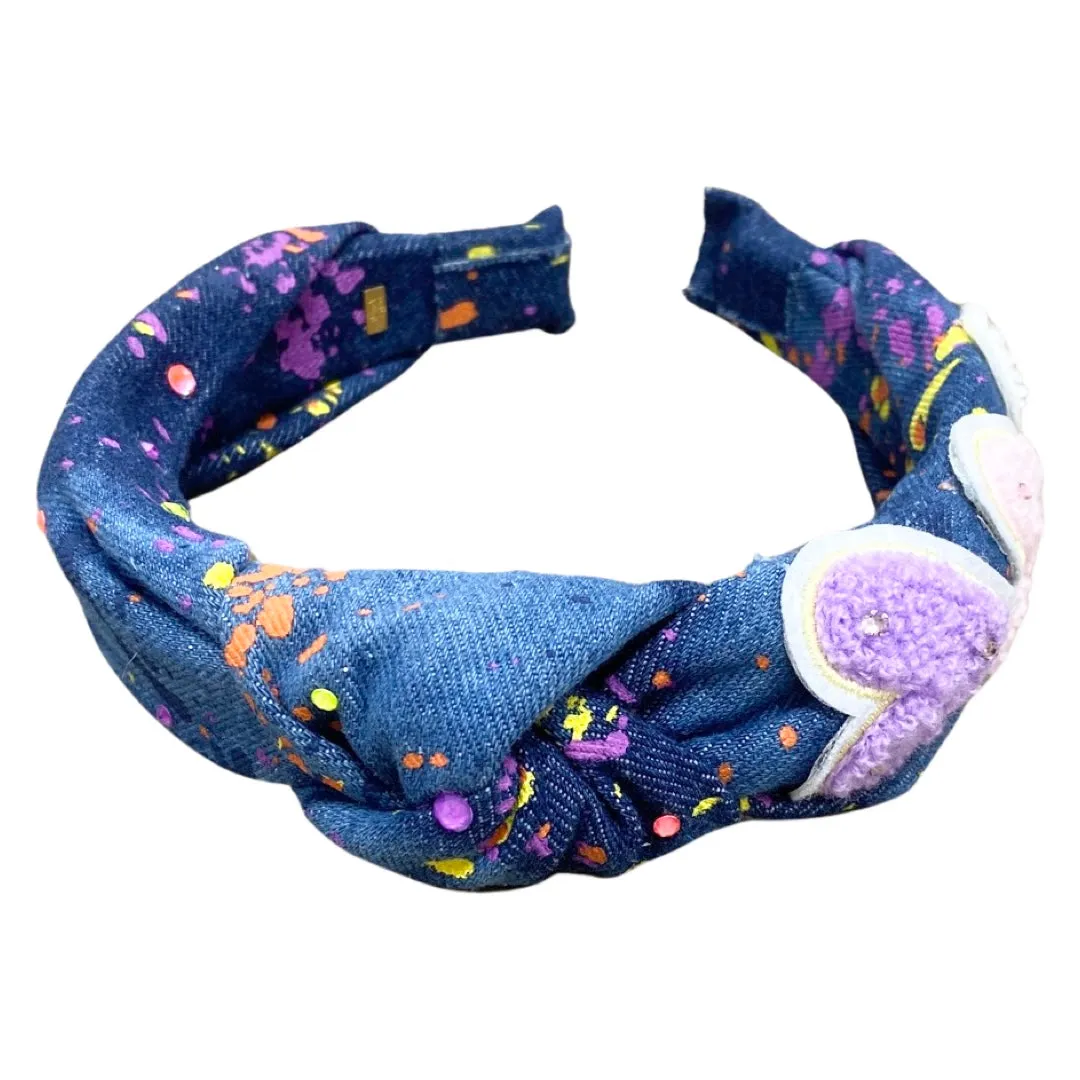 Bari Lynn Splatter Paint Denim Headband with Crystals - Hearts