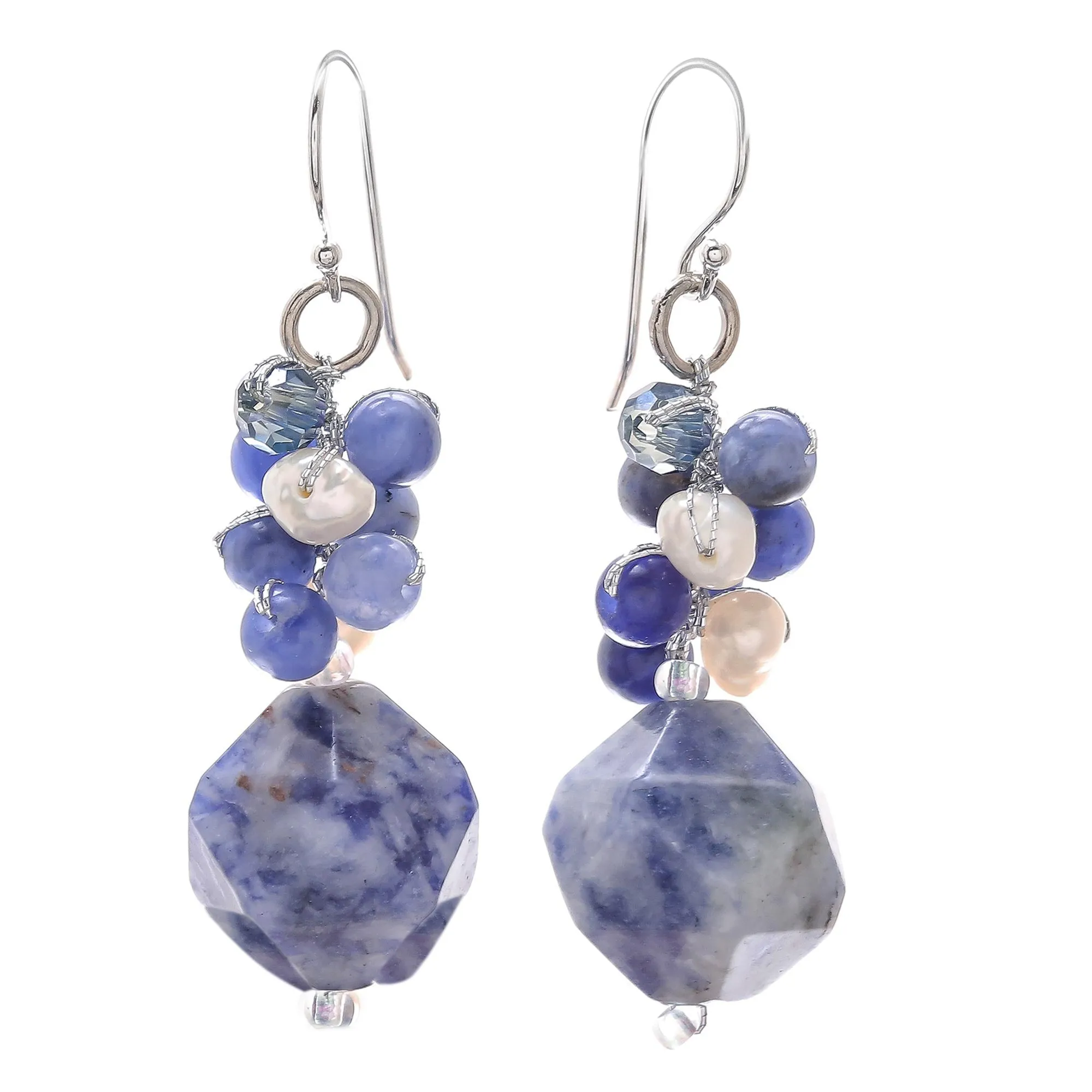 Beautiful Glam Lapis Lazuli and Cultured Pearl Beaded Cluster Earrings