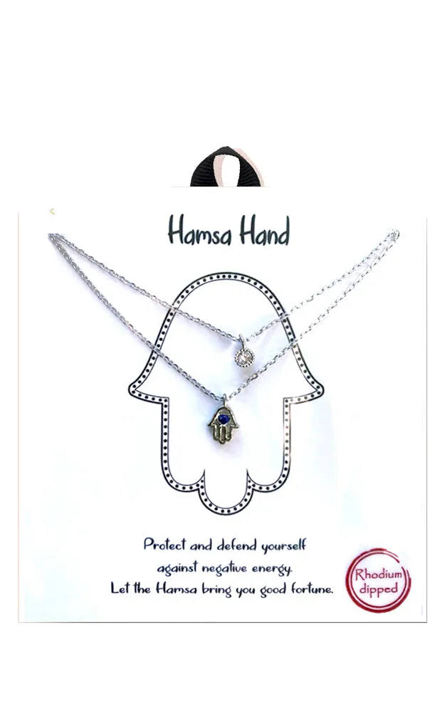 BJNA430RHSAP Rhodium Sapphire "Hamsa" Hand Double Layer Hamsa Necklace