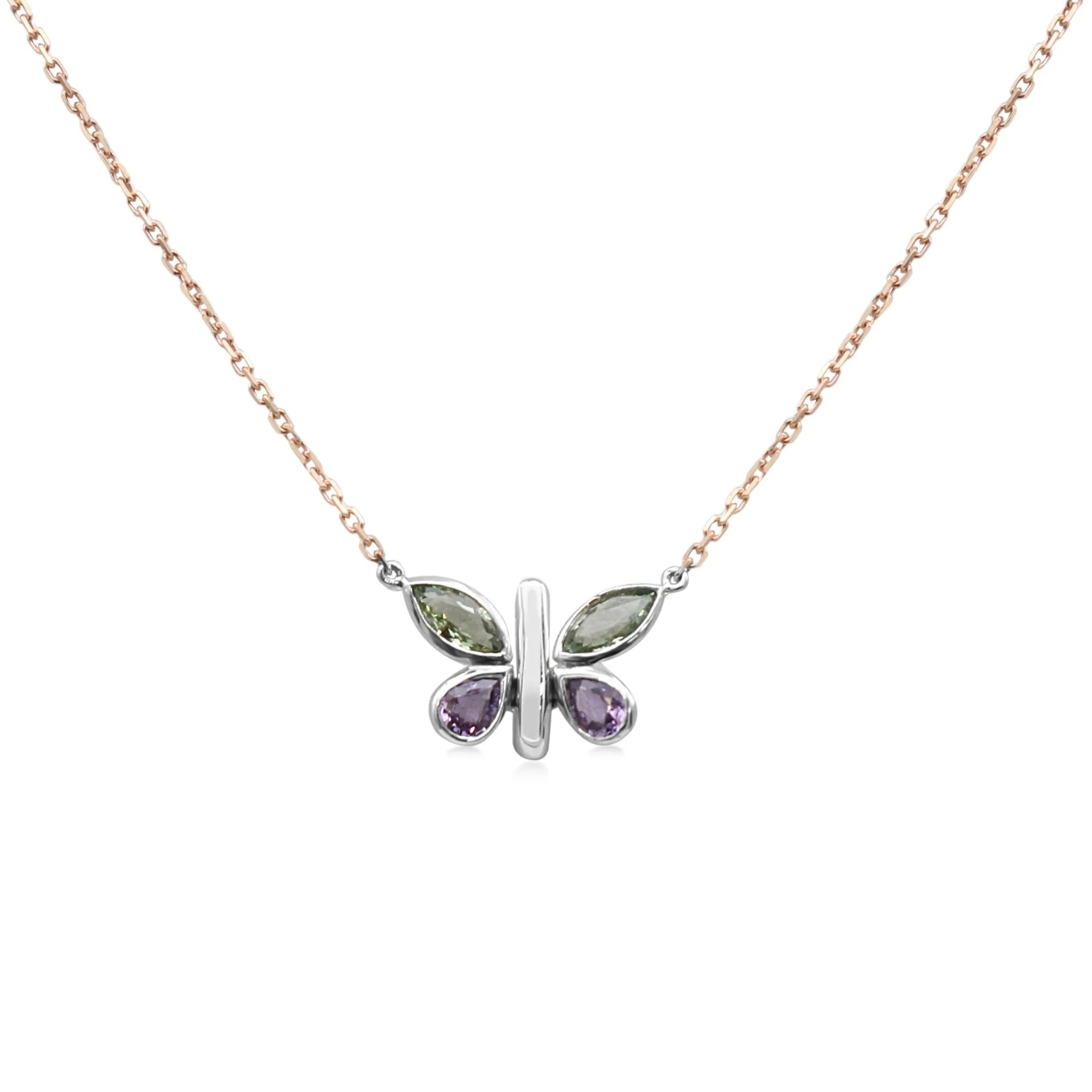 Boodles Purple & Green Sapphire Titania Butterfly Pendant / Necklace -18ct Rose Gold