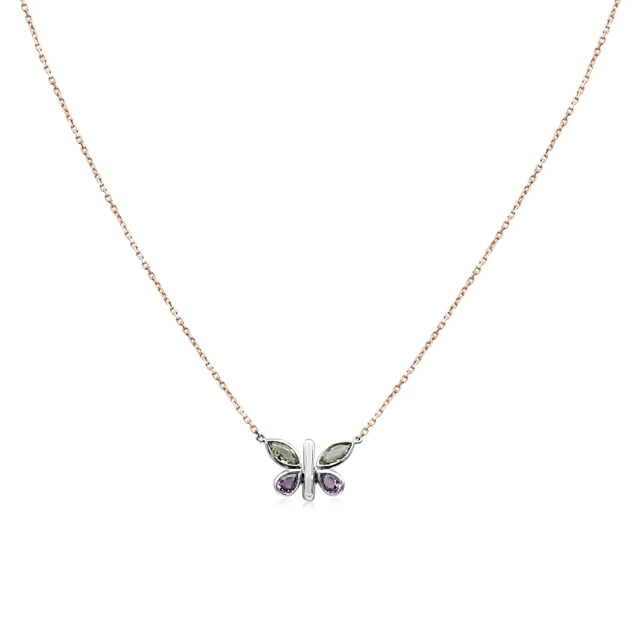 Boodles Purple & Green Sapphire Titania Butterfly Pendant / Necklace -18ct Rose Gold