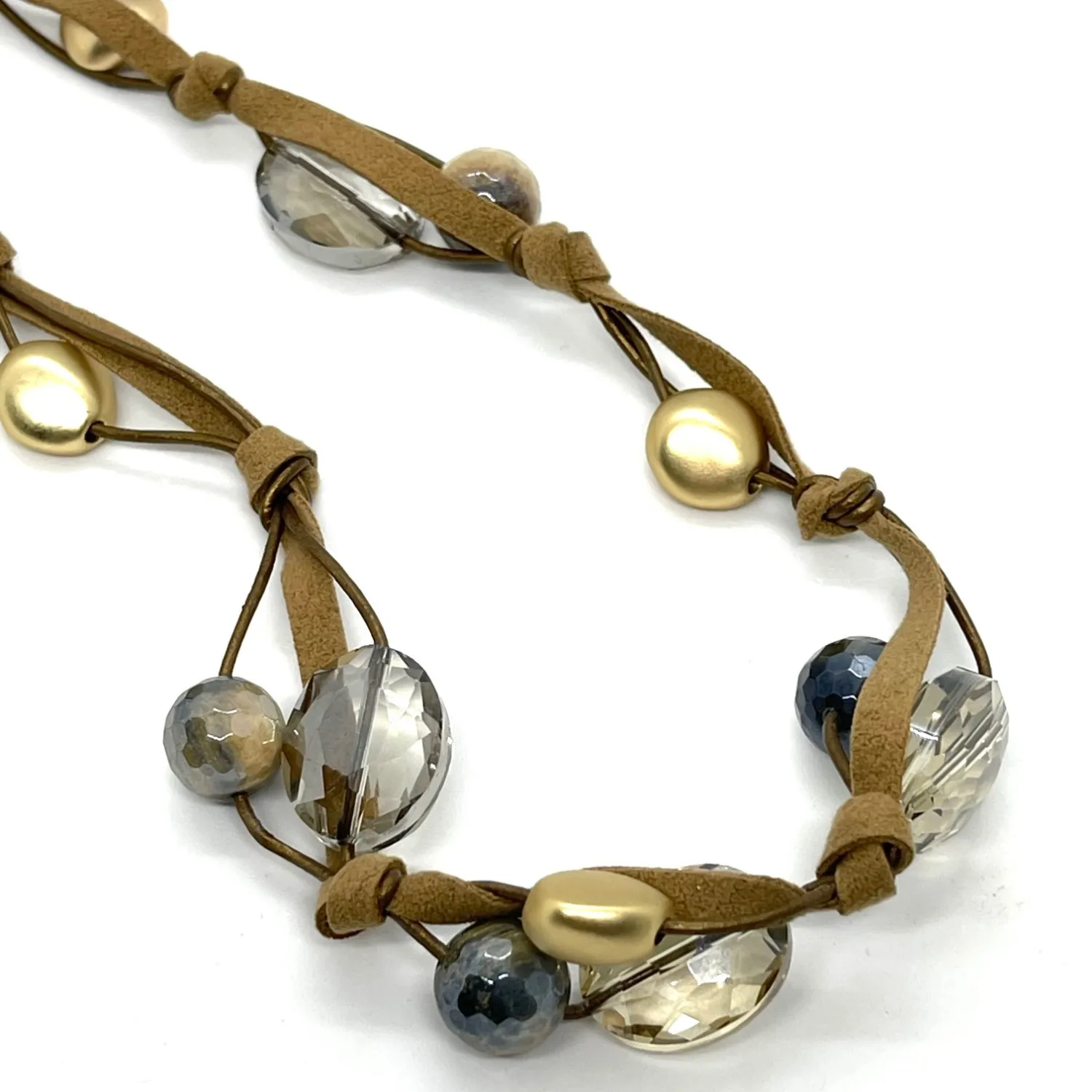 Citrine Quartz and Champagne Crystal  Bronze Suede Long Necklace