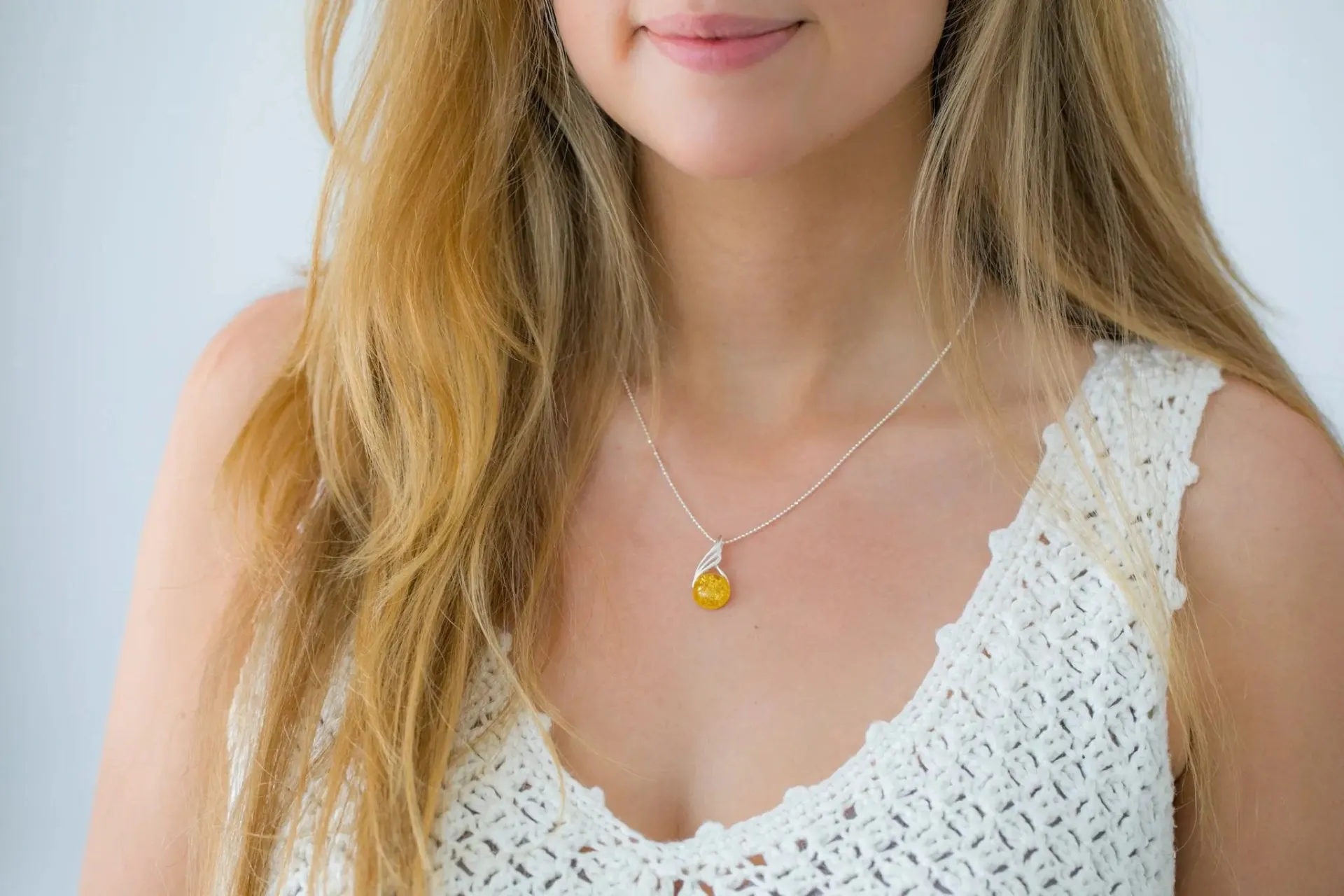 Citrus Amber Orb Pendant - Elegant Baltic Amber Necklace with Sterling Silver Chain