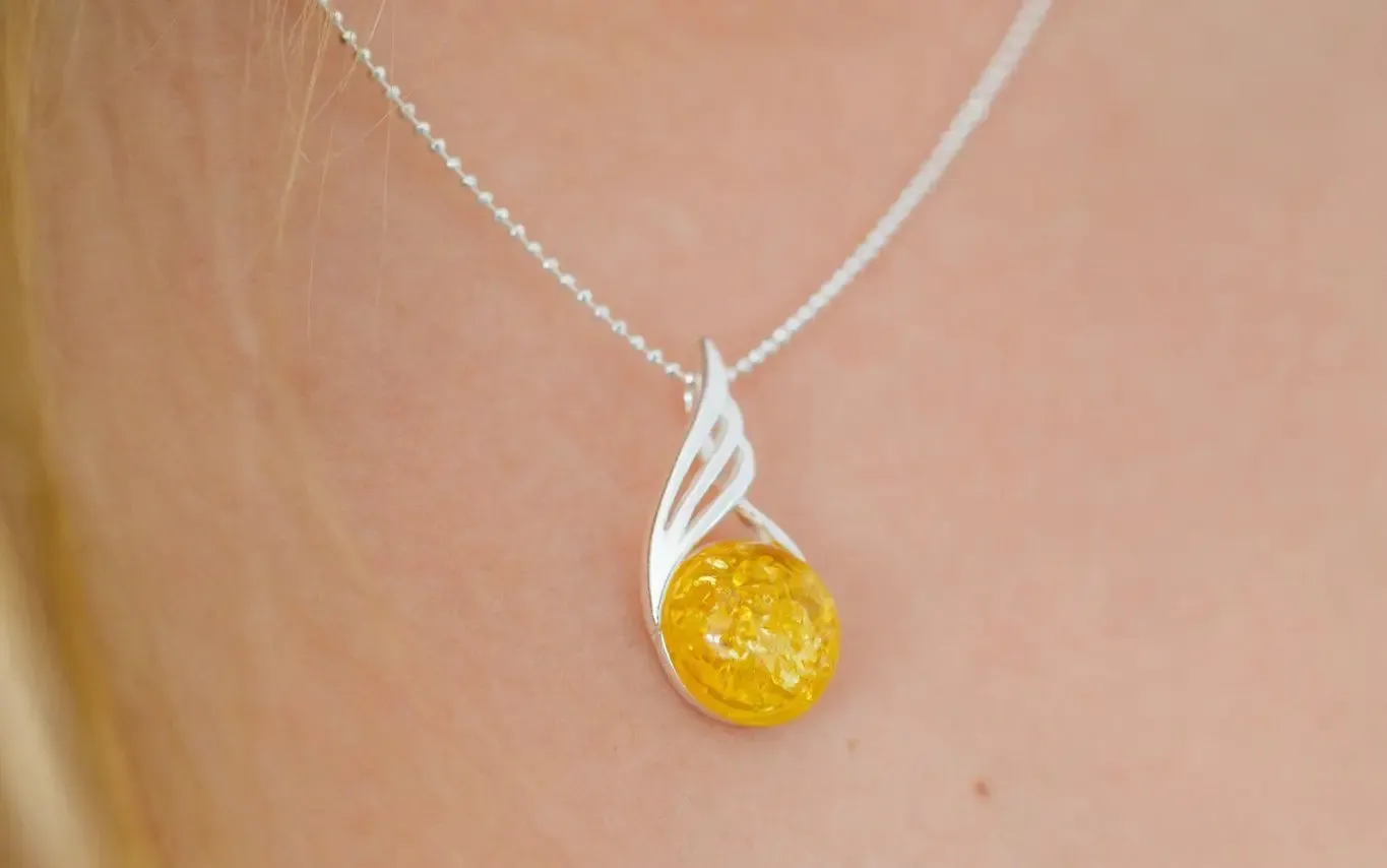 Citrus Amber Orb Pendant - Elegant Baltic Amber Necklace with Sterling Silver Chain