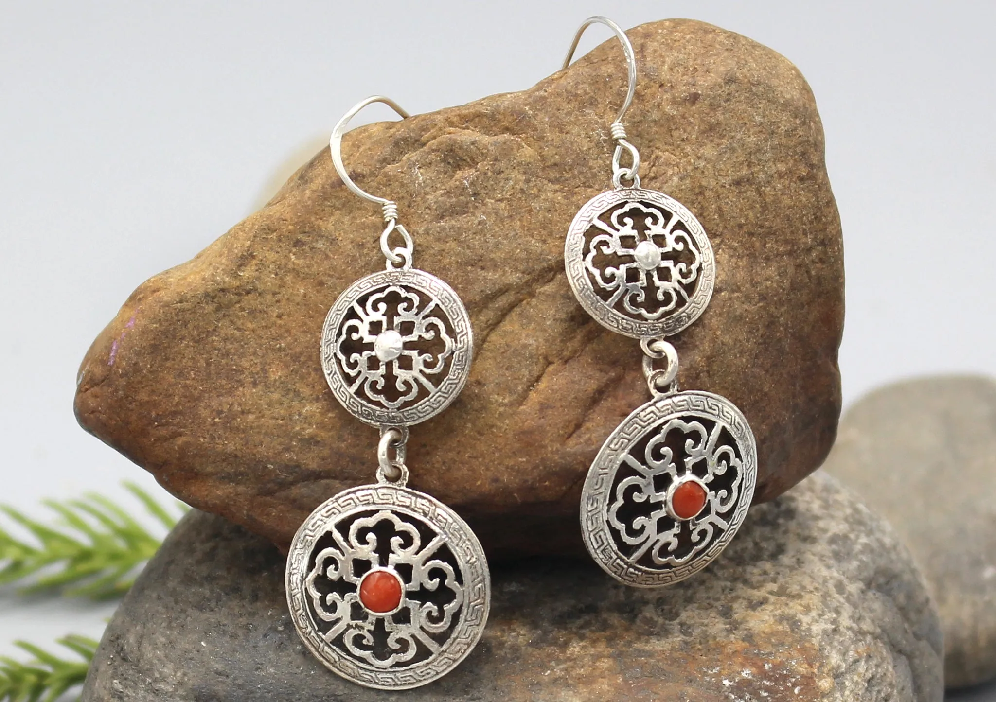 Coral Double Mandala Sterling Silver Earrings