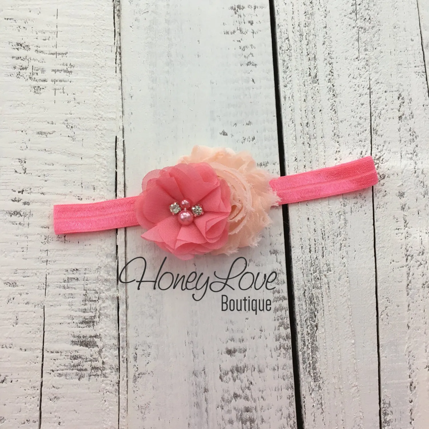 Coral Pink and Peach shabby chiffon flower headband