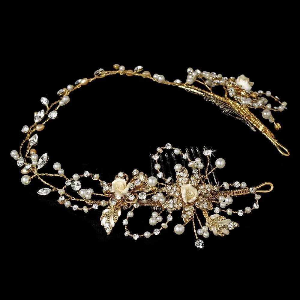 Crystal & Pearl Vintage Bridal Hair Vine Headpiece