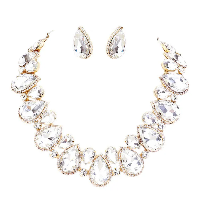 Crystal Rhinestone Trim Teardrop Collar Evening Necklace