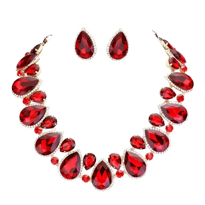 Crystal Rhinestone Trim Teardrop Collar Evening Necklace