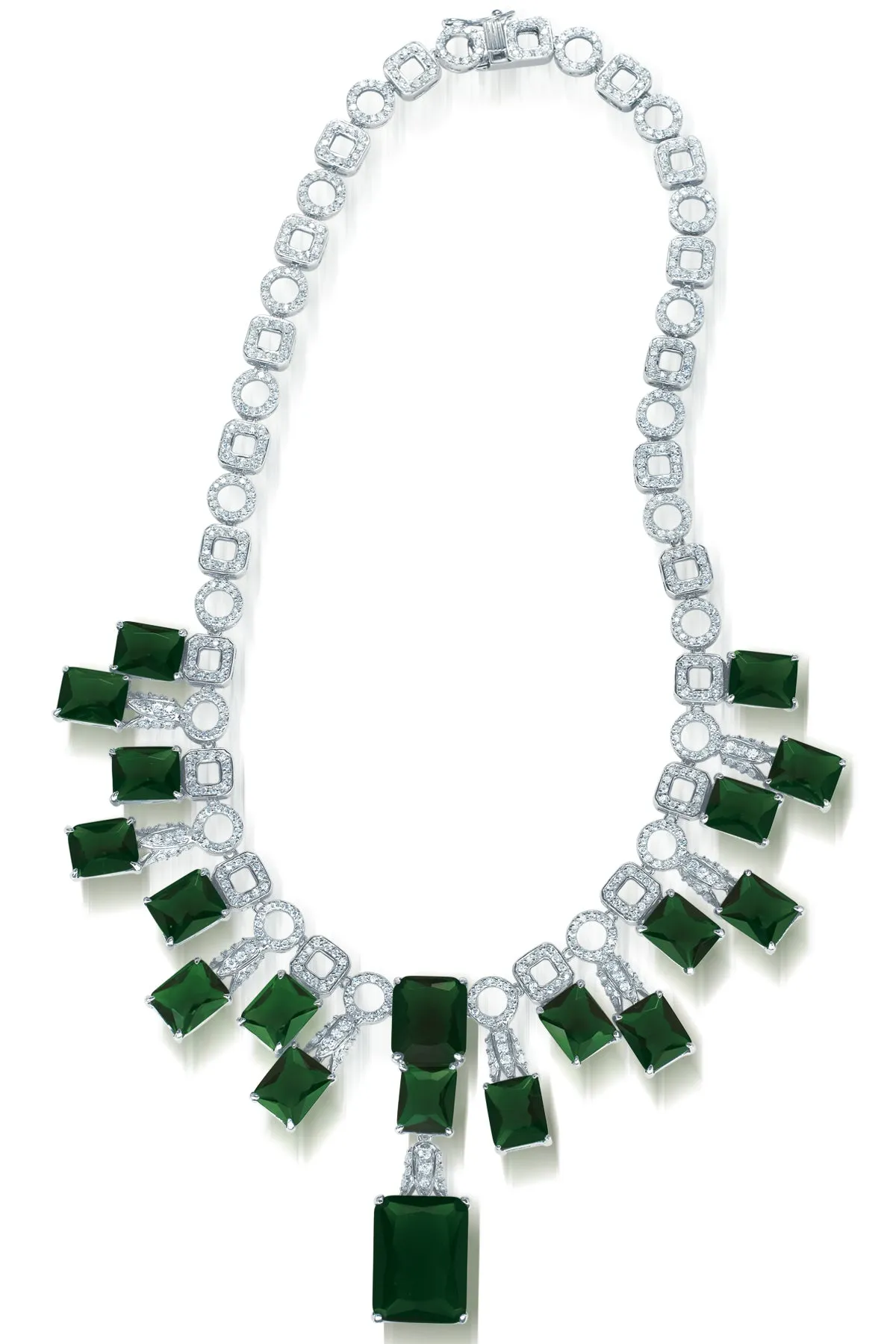 Cubic Zirconia Sterling Silver Rhodium Plated Heavy Emerald Necklace