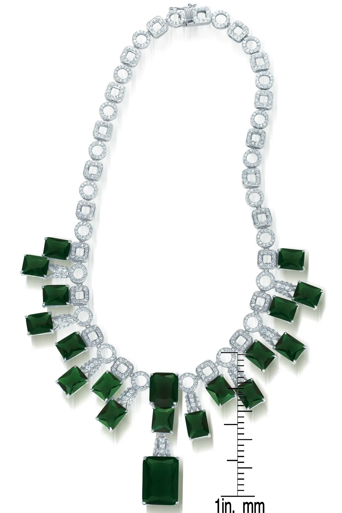 Cubic Zirconia Sterling Silver Rhodium Plated Heavy Emerald Necklace