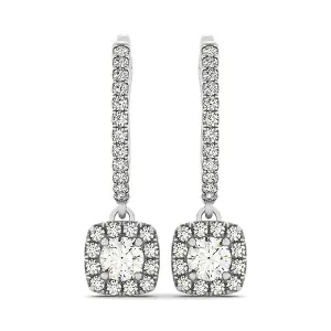 Cushion Shape Halo Diamond Drop Earrings in 14k White Gold (1/2 cttw)