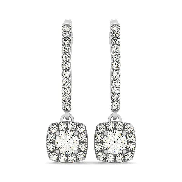 Cushion Shape Halo Diamond Drop Earrings in 14k White Gold (1/2 cttw)