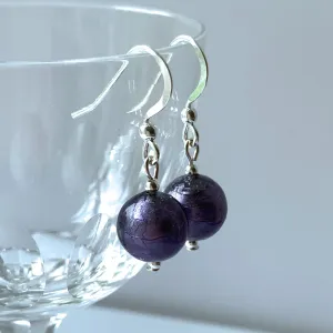 Earrings with purple velvet Murano glass mini sphere drops on silver or gold hooks