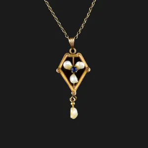 Edwardian 10K Gold Pearl Sapphire Lavalier Pendant Necklace