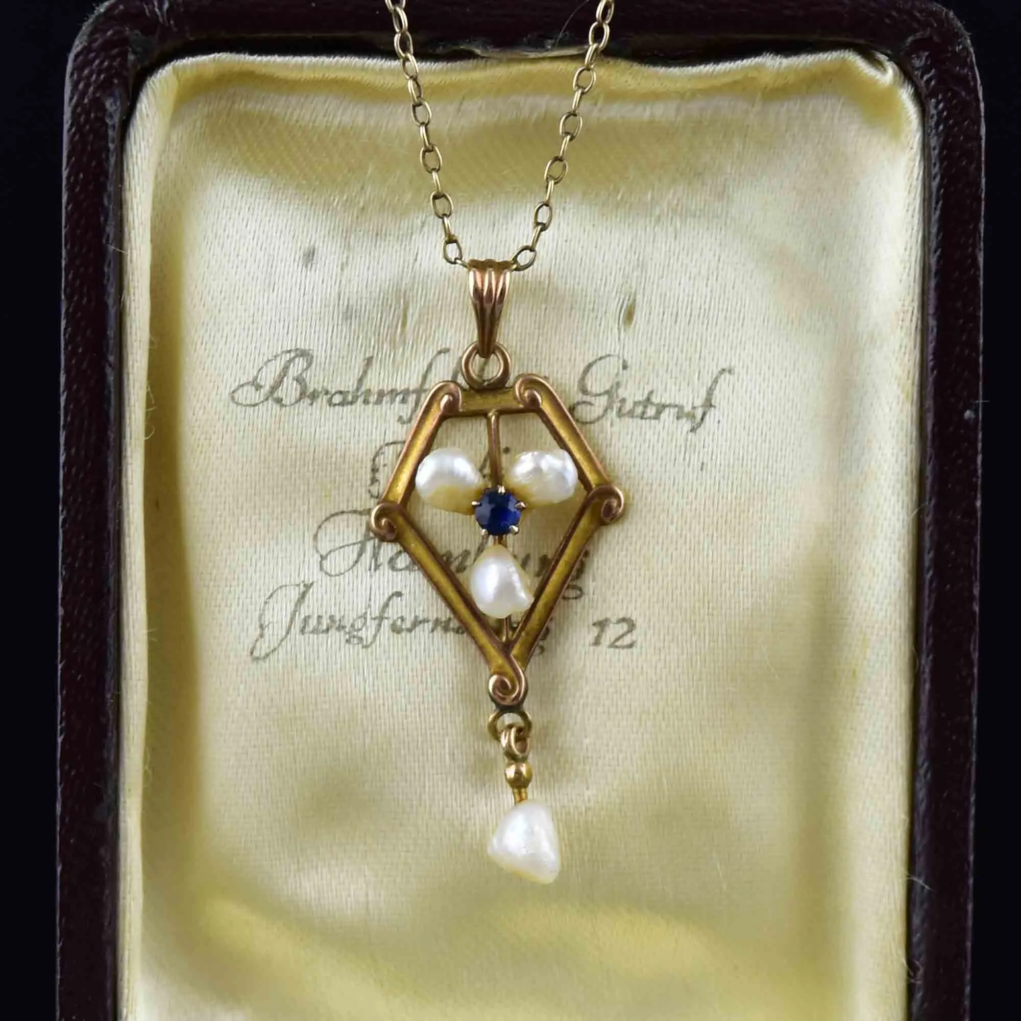 Edwardian 10K Gold Pearl Sapphire Lavalier Pendant Necklace