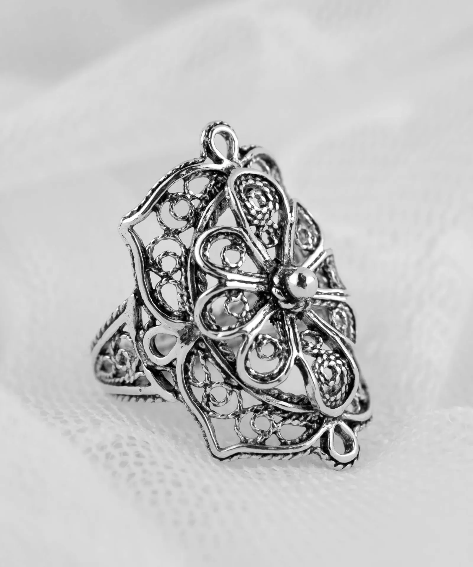 Elegant Blossom: Filigree Art Flower Women's Silver Statement Ring