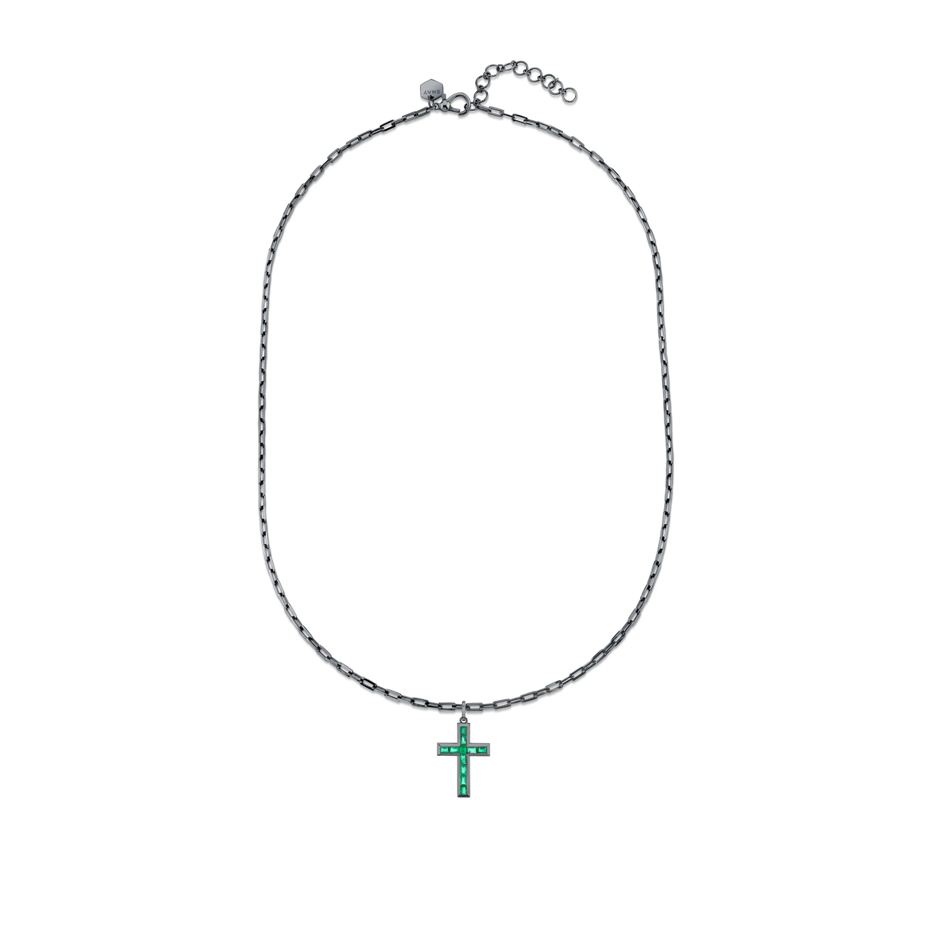 EMERALD BAGUETTE CROSS PENDANT NECKLACE