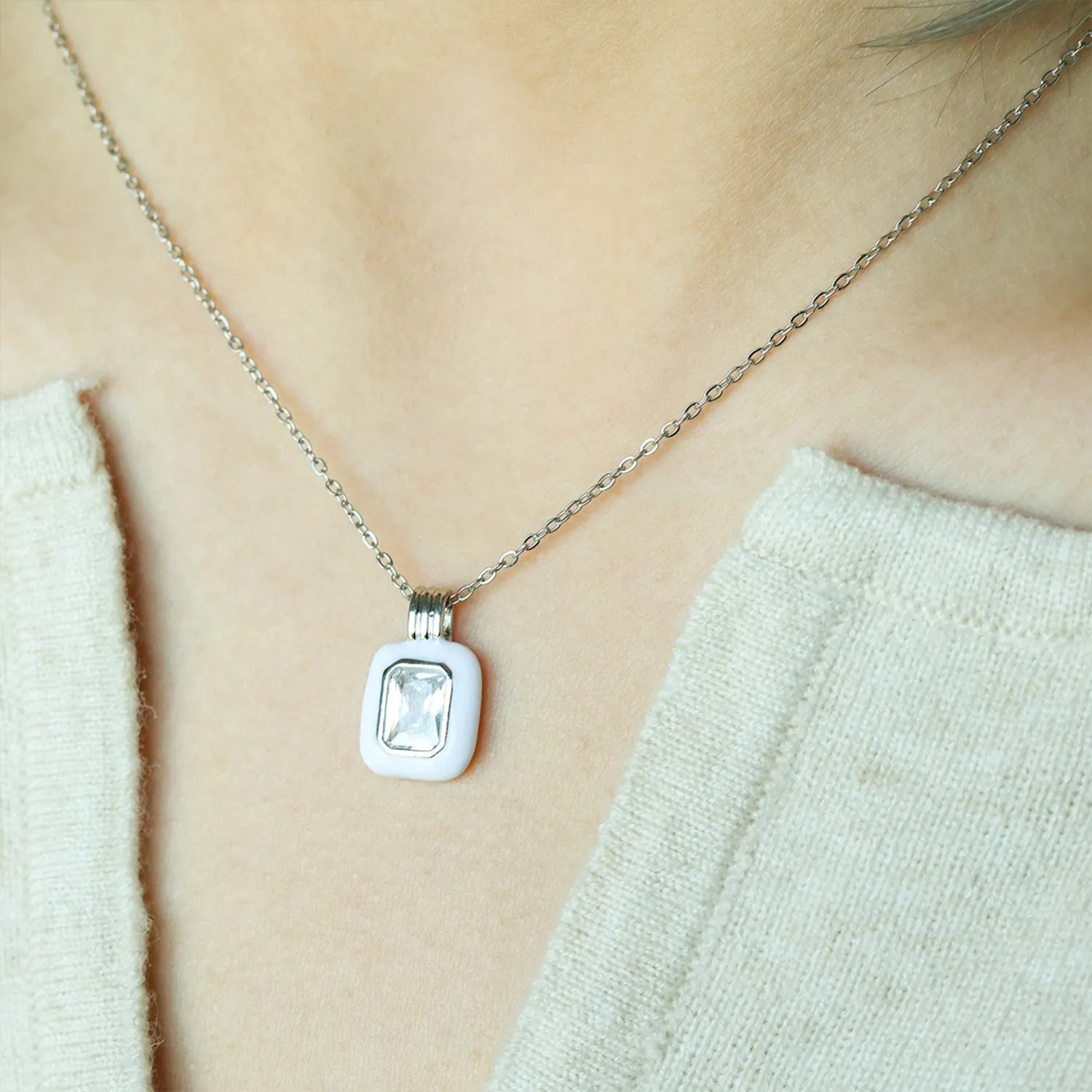 Emerald Cut Gemstone & Enamel Pendant Necklace