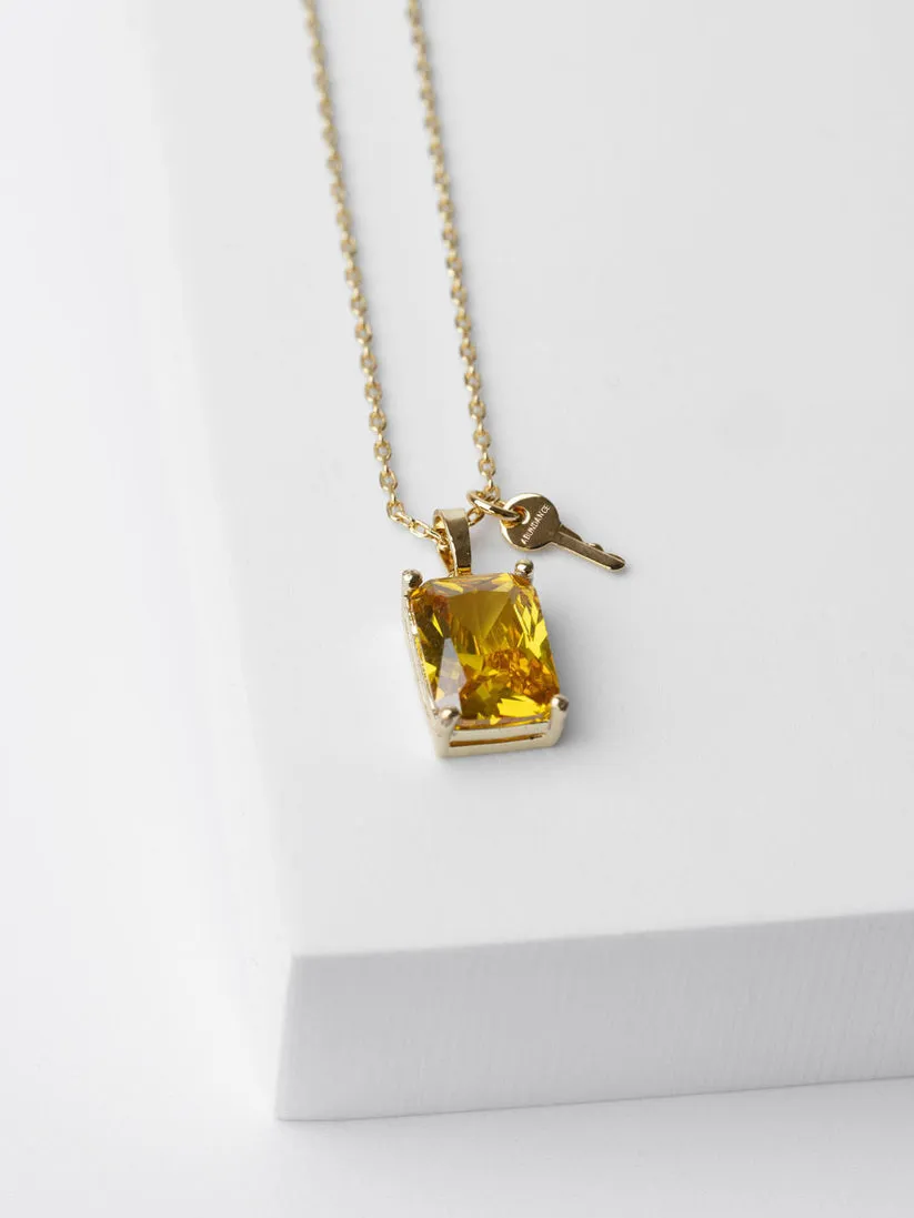 Emerald Cut Gemstone and Mini Key Necklace in Gold