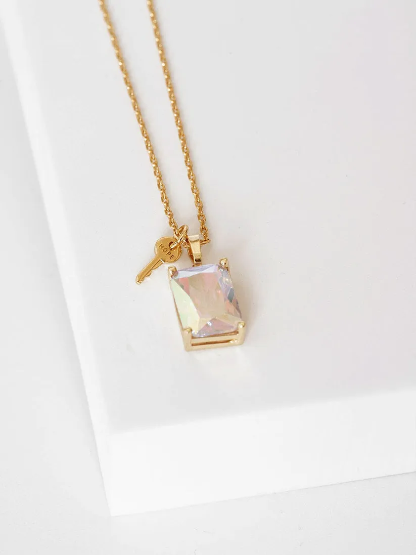 Emerald Cut Gemstone and Mini Key Necklace in Gold