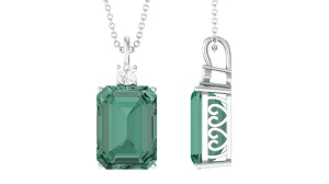 Emerald Cut Solitaire Created Green Sapphire Pendant with Moissanite