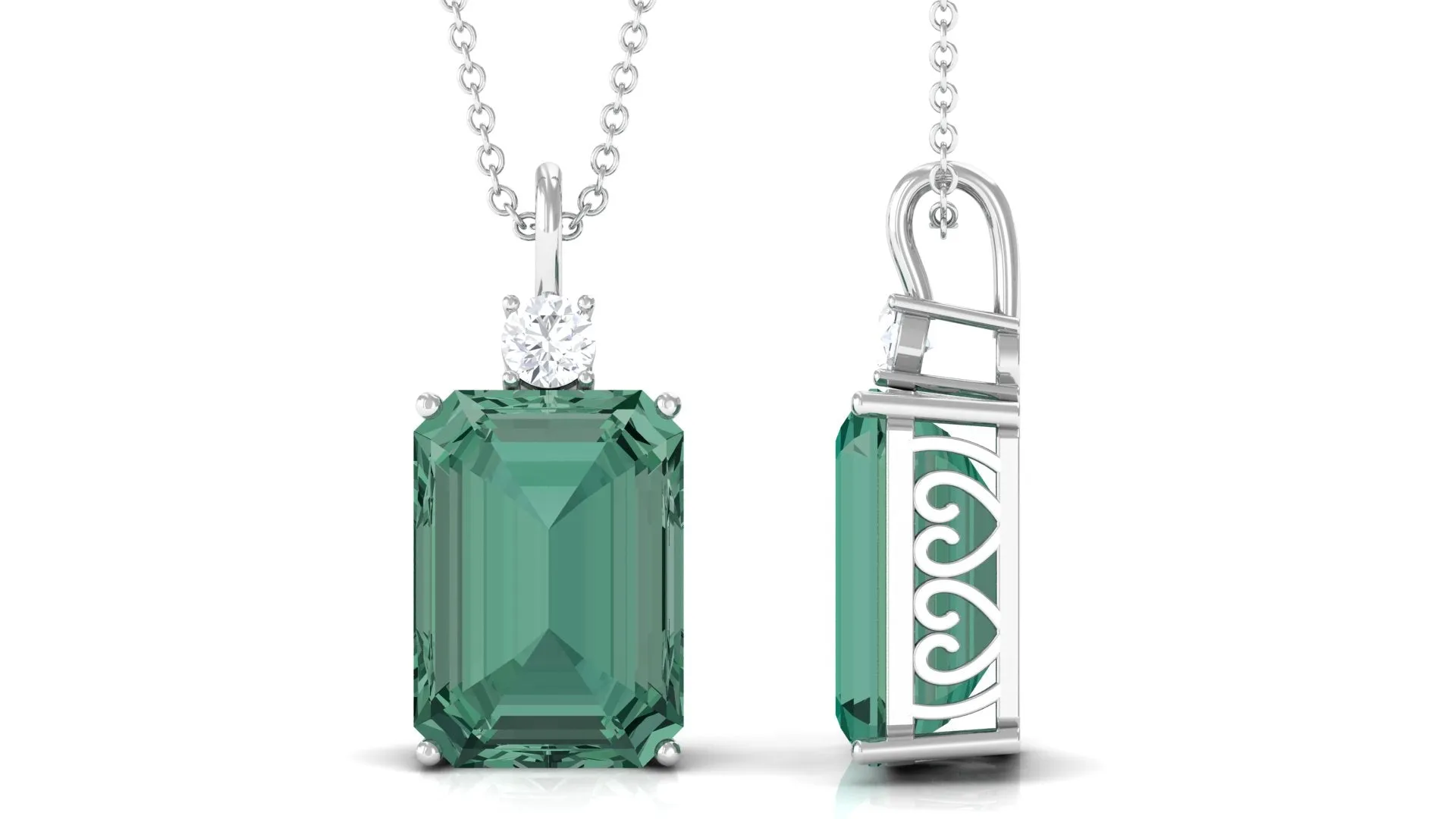 Emerald Cut Solitaire Created Green Sapphire Pendant with Moissanite