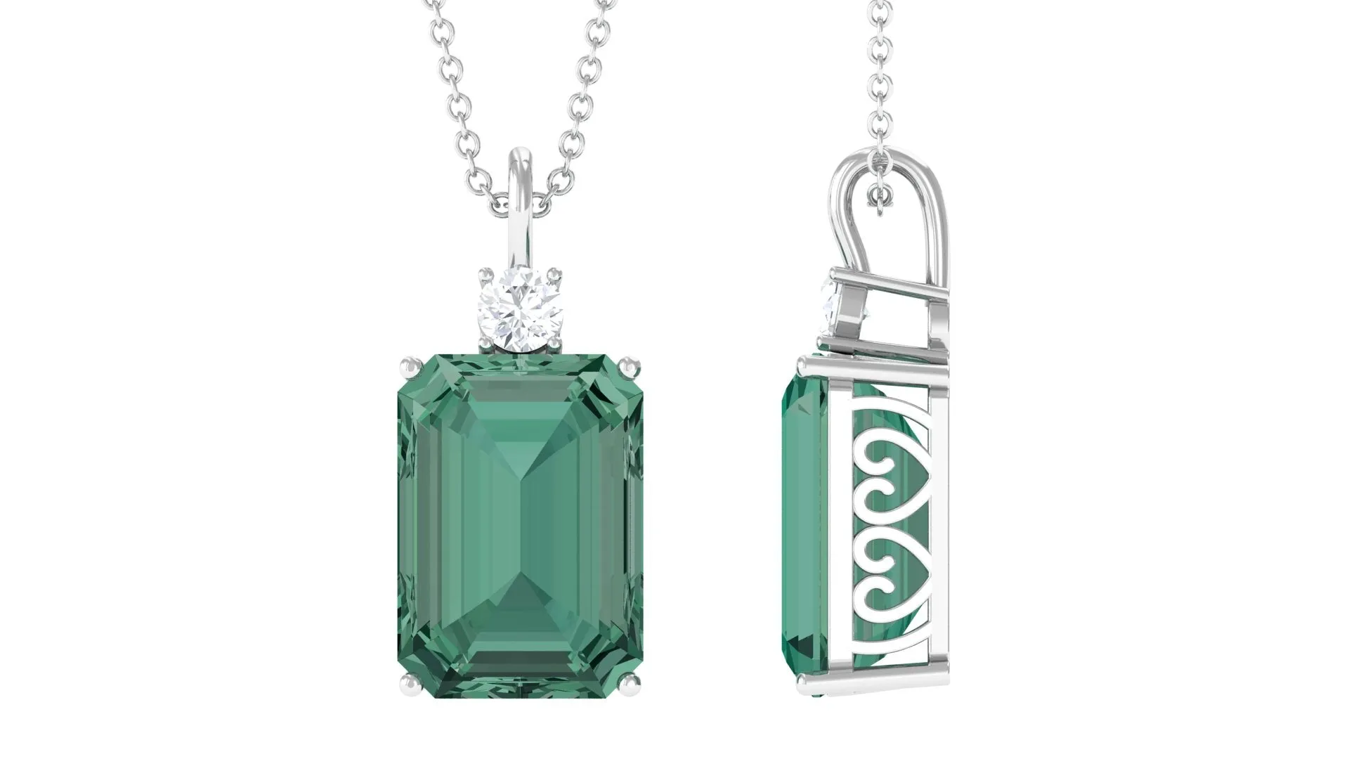 Emerald Cut Solitaire Created Green Sapphire Pendant with Moissanite