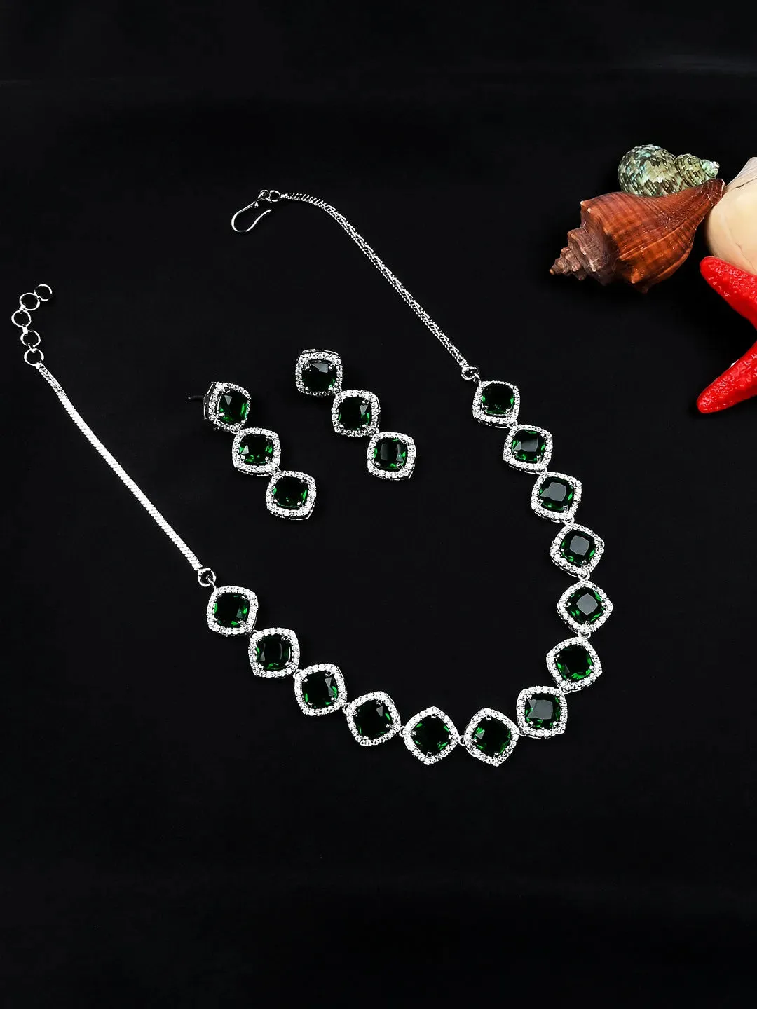 Eternal Sparkle: Emerald Green AD Sleek Necklace