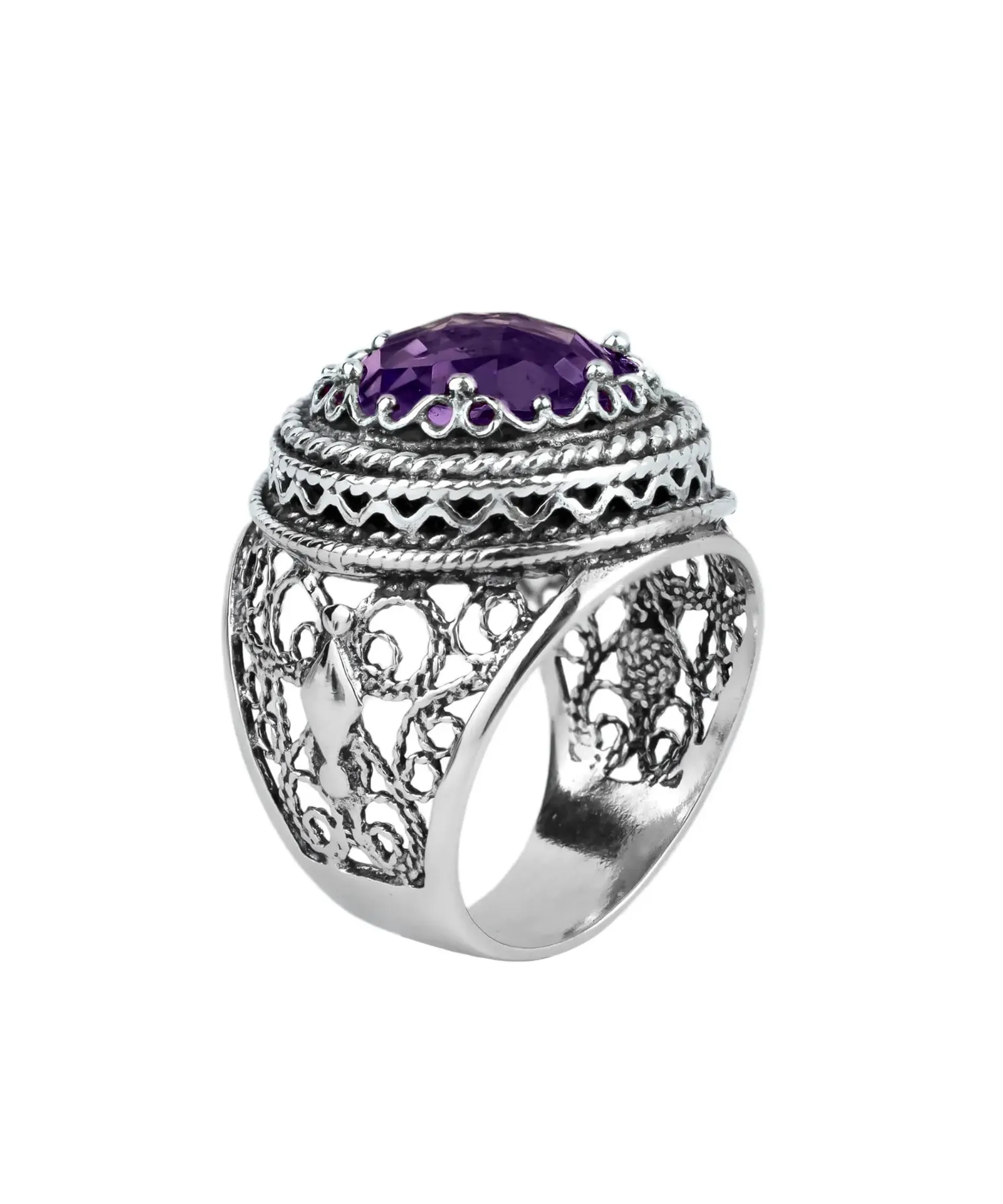 Filigree Art Amethyst Silver Ring - Bold Statement Piece for Women