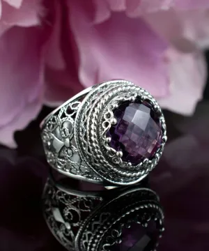 Filigree Art Amethyst Silver Ring - Bold Statement Piece for Women