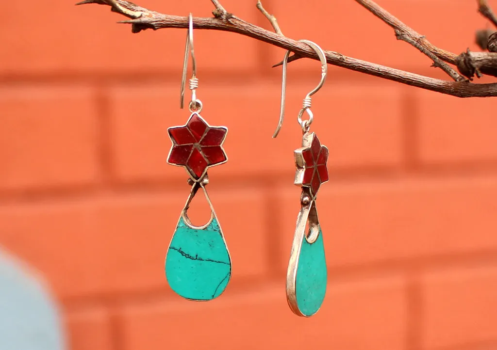 Flower Drop Inlaid Turquoise and Coral Dangle Silver Earrings