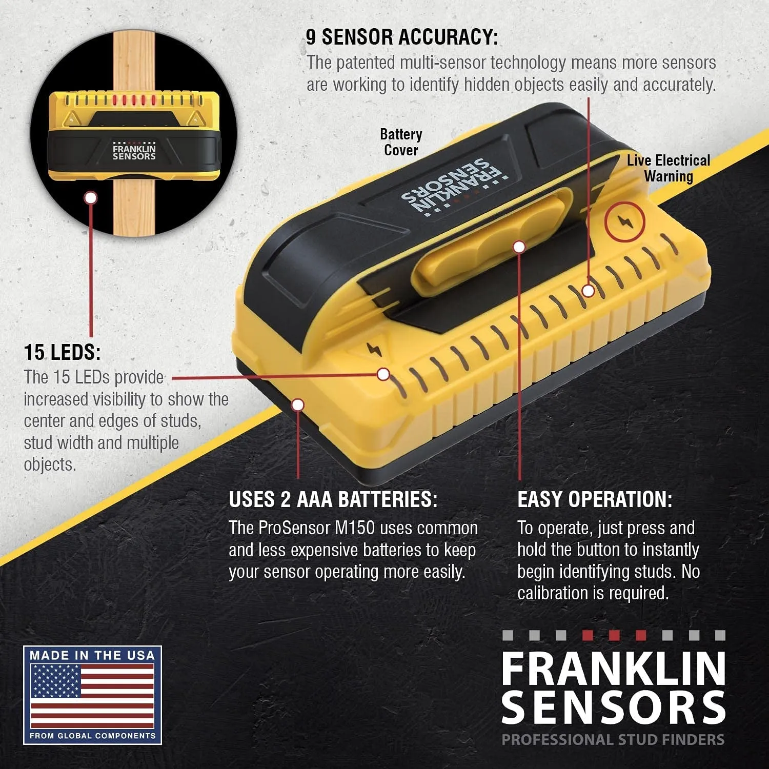 Franklin Sensors Prosensor M150 Stud Finder with 9-Sensors, Wood & Metal Stud Detector/Wall Scanner, Made in the USA