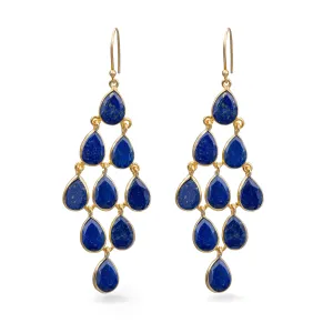 Gold Plated Sterling Silver Chandelier Earrings with Natural Gemstones  - Lapis Lazuli