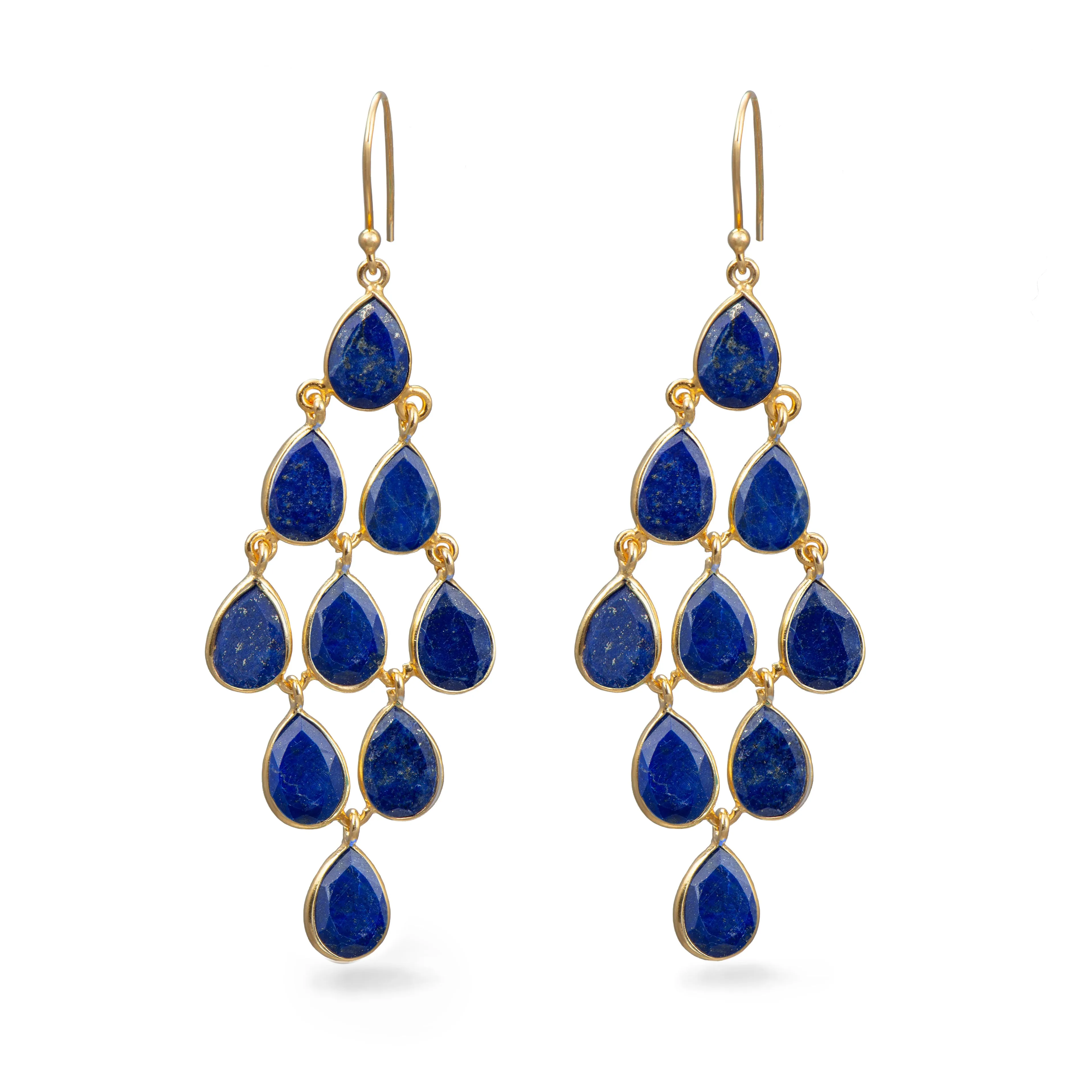 Gold Plated Sterling Silver Chandelier Earrings with Natural Gemstones  - Lapis Lazuli