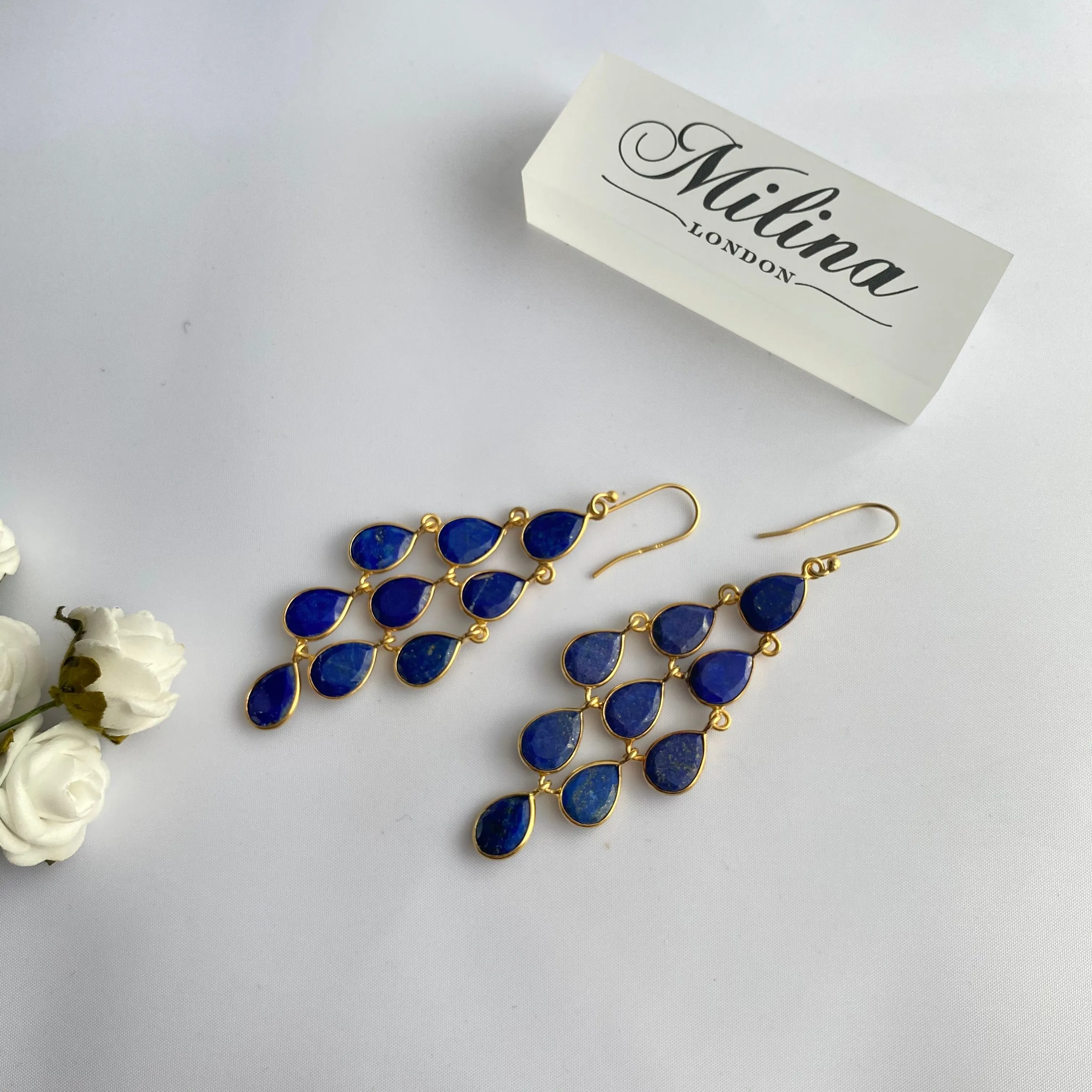 Gold Plated Sterling Silver Chandelier Earrings with Natural Gemstones  - Lapis Lazuli