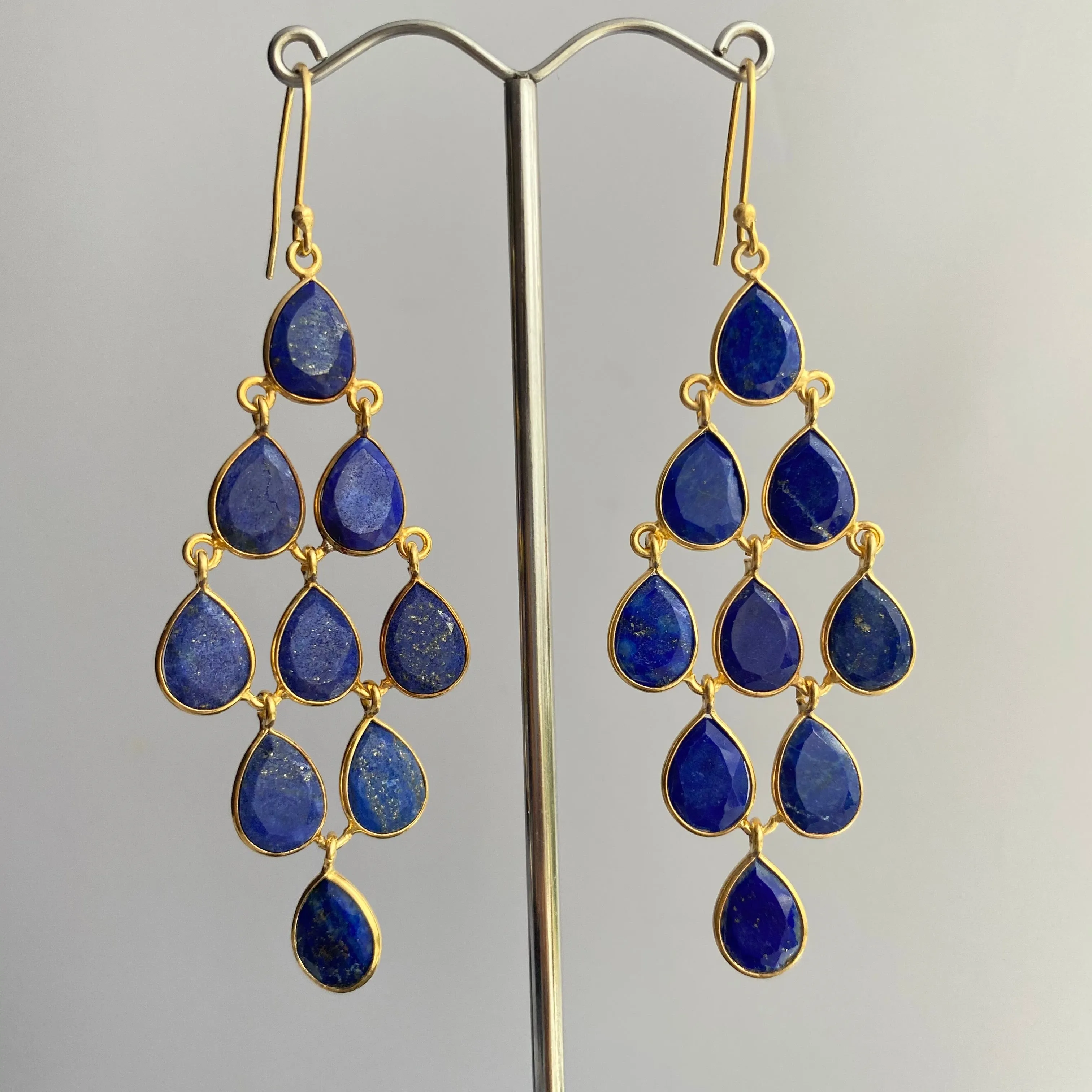 Gold Plated Sterling Silver Chandelier Earrings with Natural Gemstones  - Lapis Lazuli