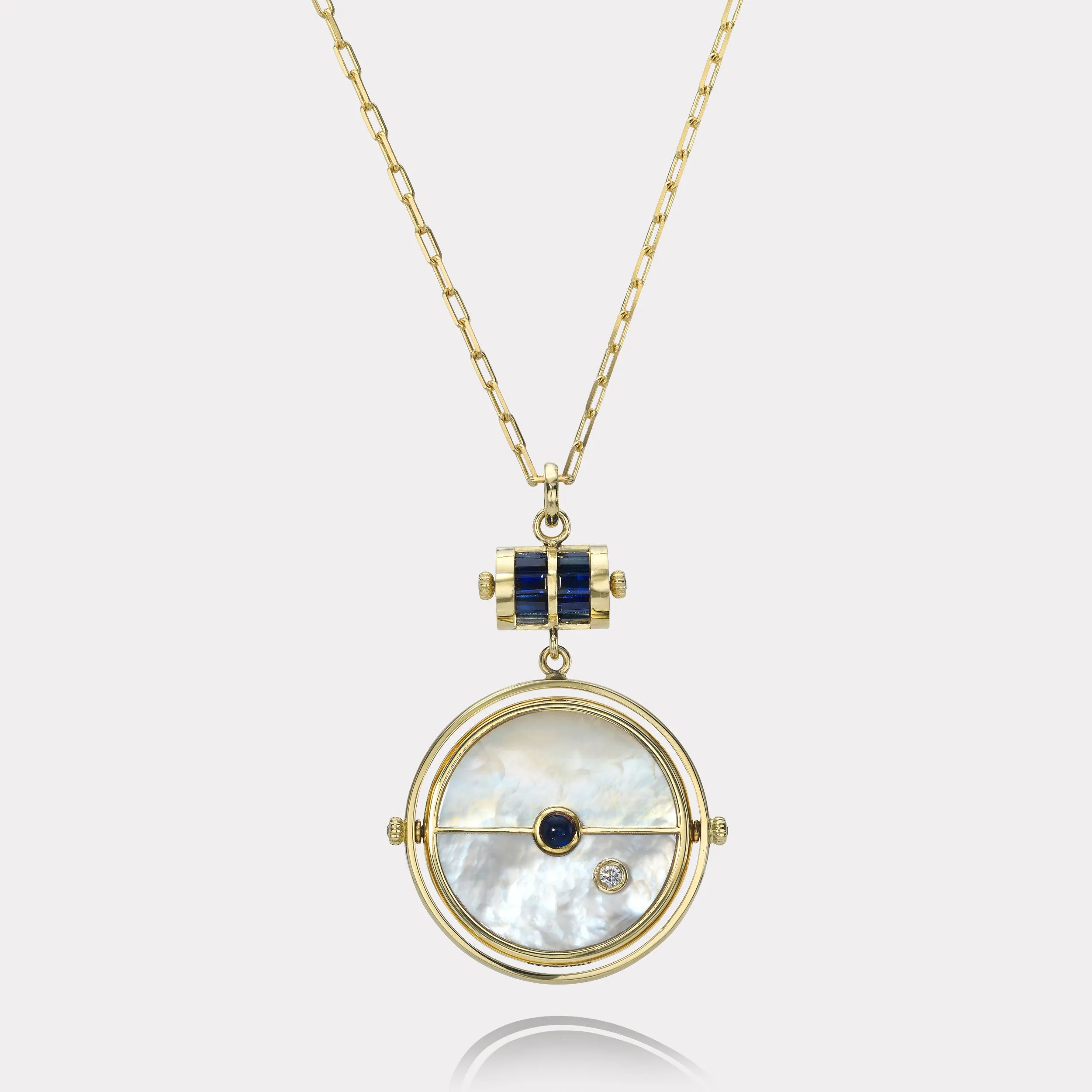 Grandfather Compass Pendant with White Mother of Pearl and Blue Sapphire