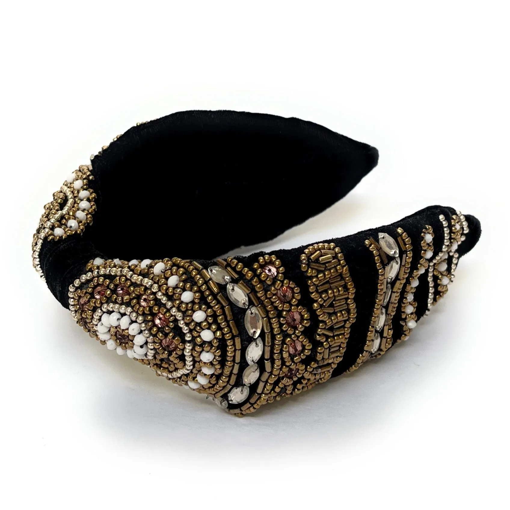 Hand Beaded Gold White Headband