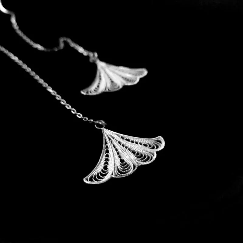 Handmade Vintage Plain Silver Filigree  Ginkgo Leaf Necklace and Earrings