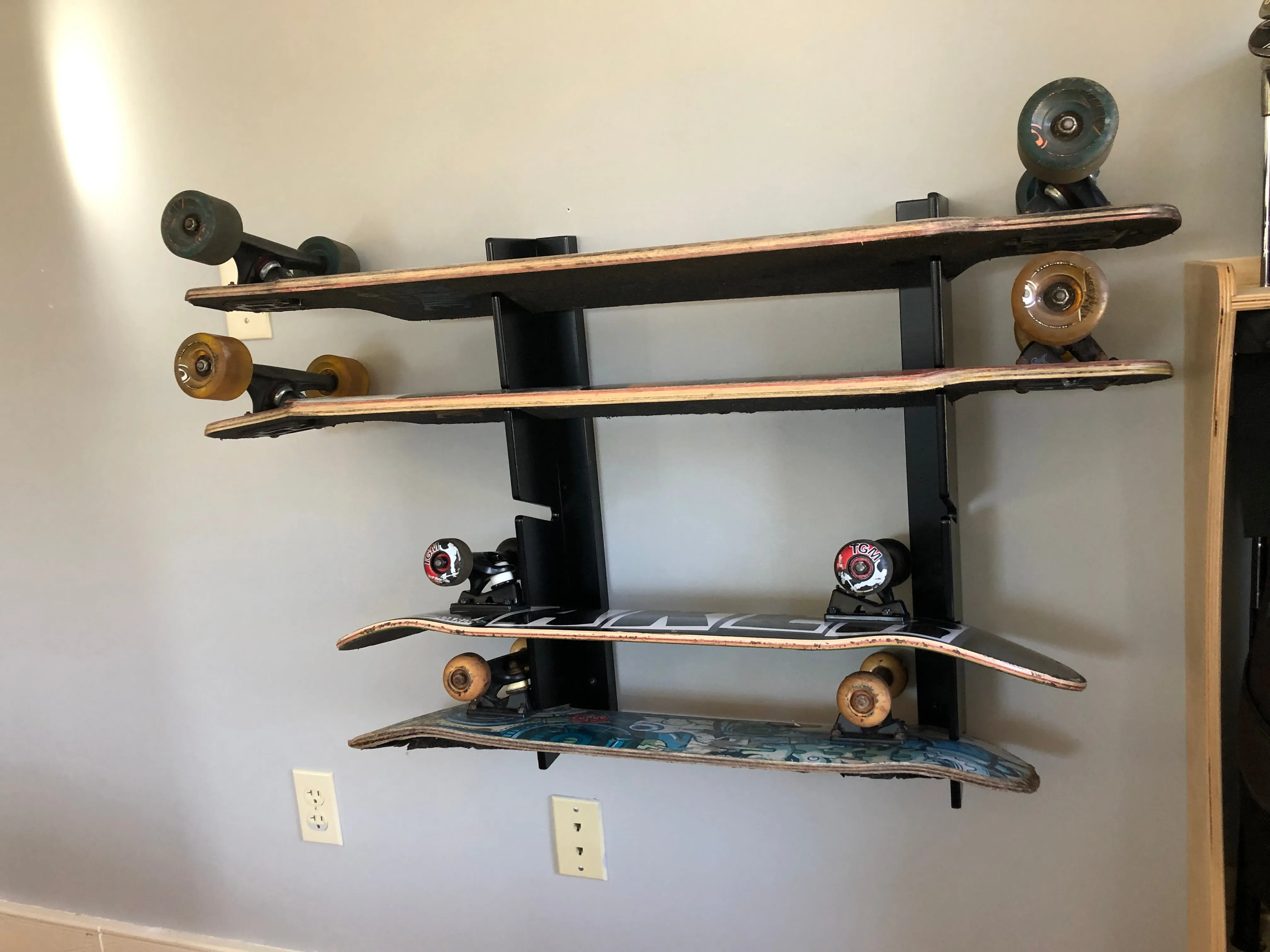 HANGTHIS Up Skateboard Rack (Holds 5 mid size boards)  Sports Equipment organizer, Garage, bedroom, man-cave, basement