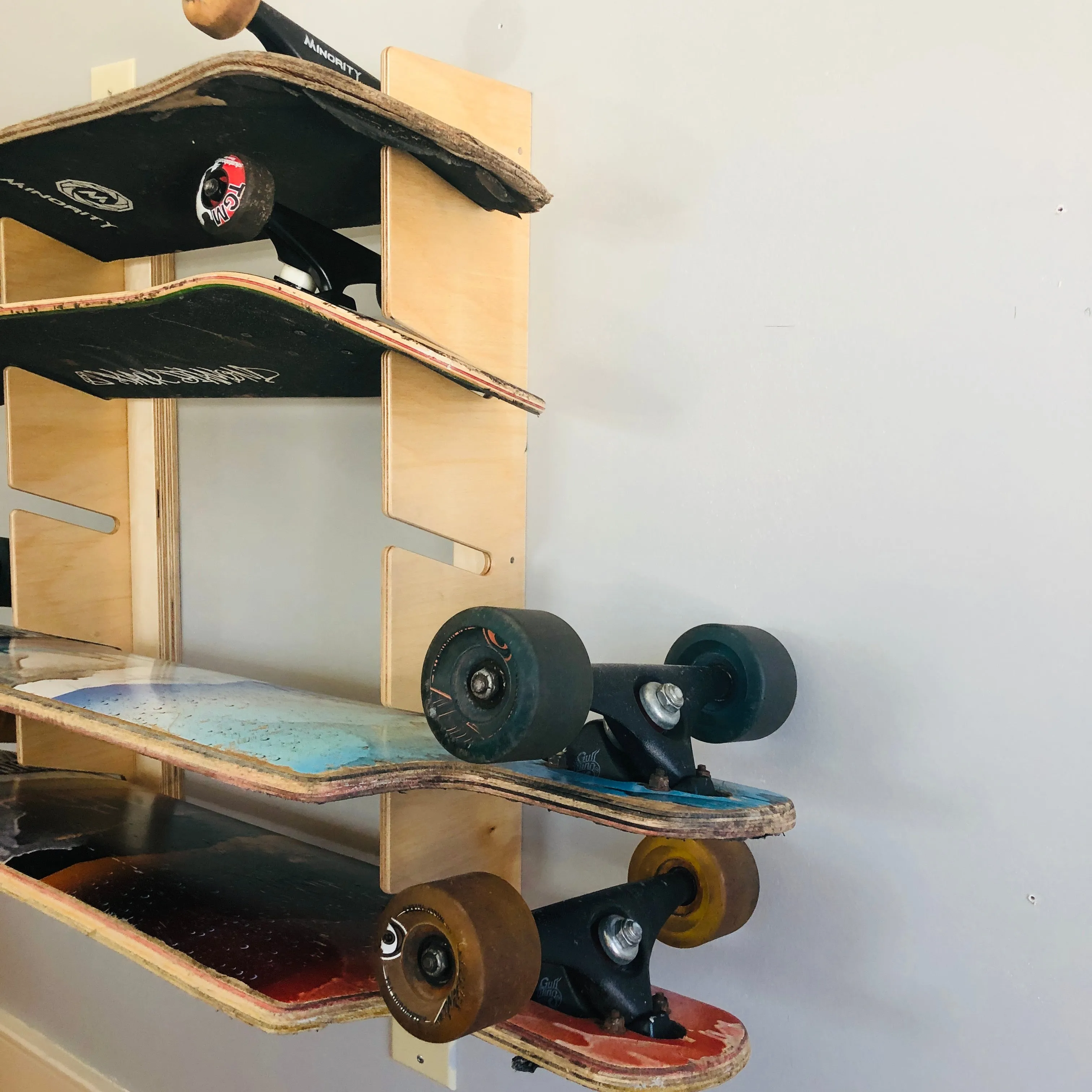 HANGTHIS Up Skateboard Rack (Holds 5 mid size boards)  Sports Equipment organizer, Garage, bedroom, man-cave, basement