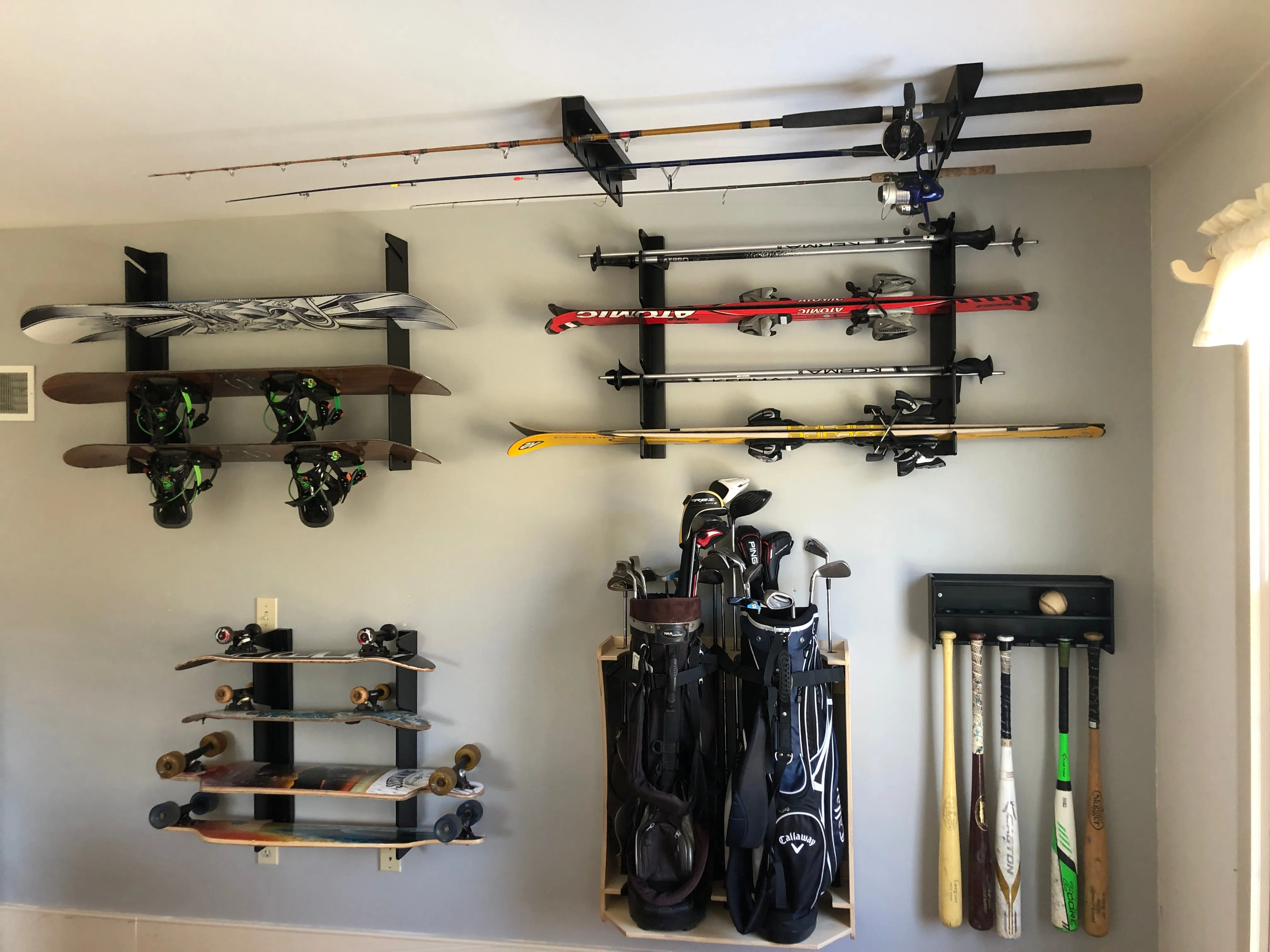 HANGTHIS Up Skateboard Rack (Holds 5 mid size boards)  Sports Equipment organizer, Garage, bedroom, man-cave, basement