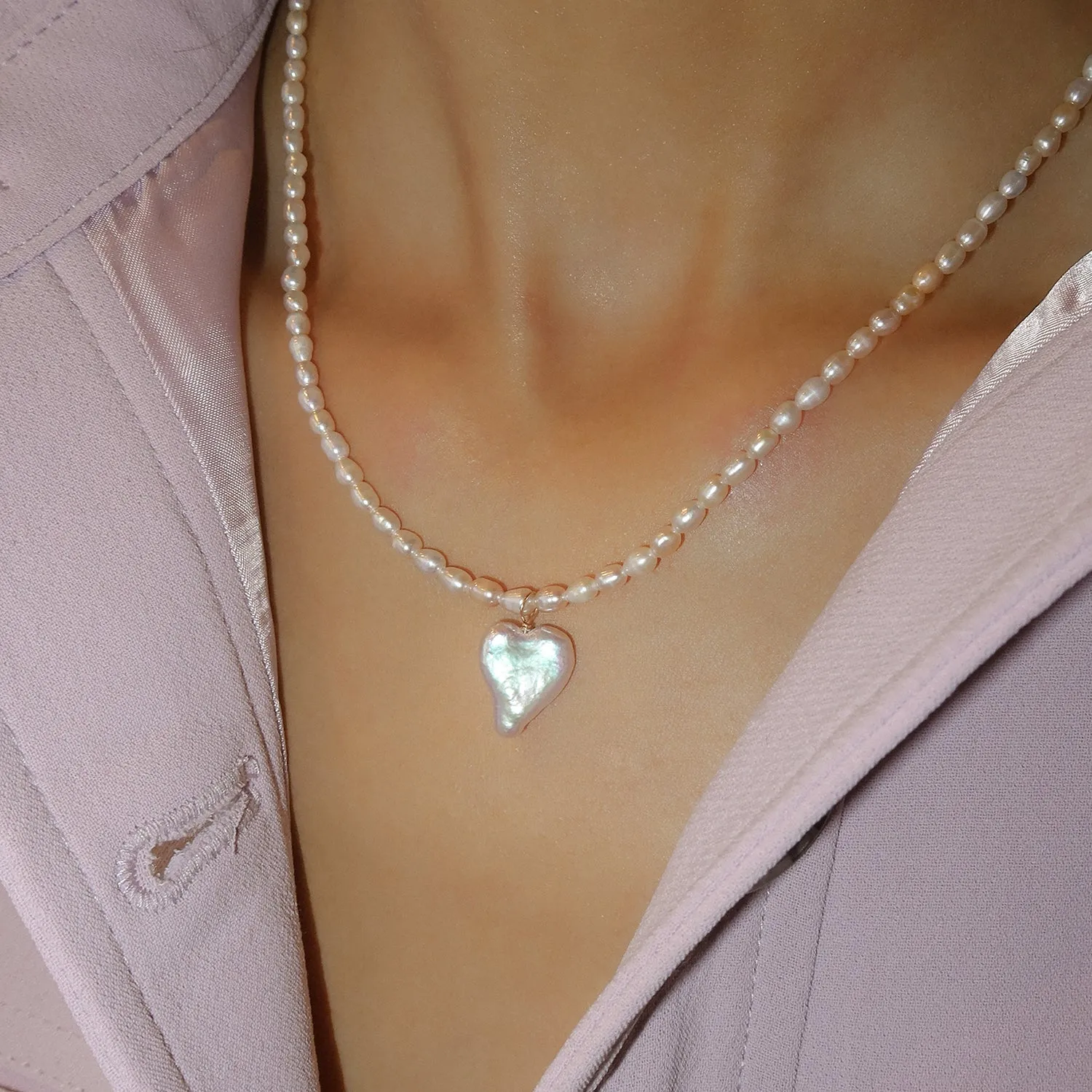 Heart Pearl Necklace | Pink Satin Pearl