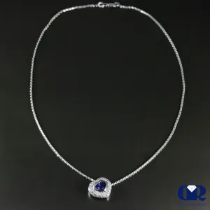 Heart Shaped Sapphire & Diamond Pendant Necklace In 14K White Gold